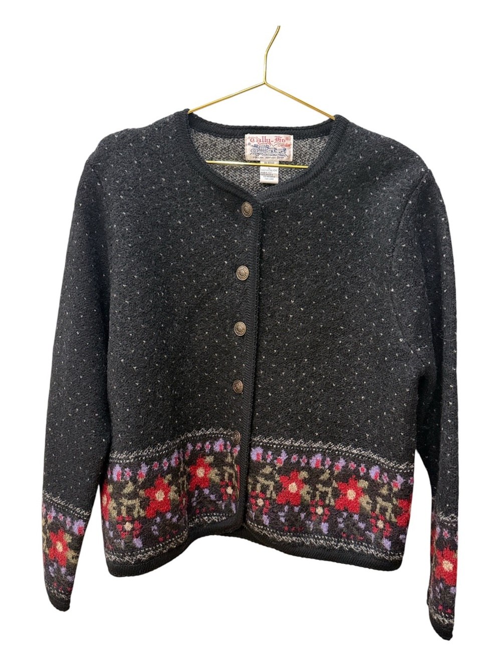 Vintage Tally-Ho Creation 100% Wool Floral Fair Isle Cardigan Sweater
